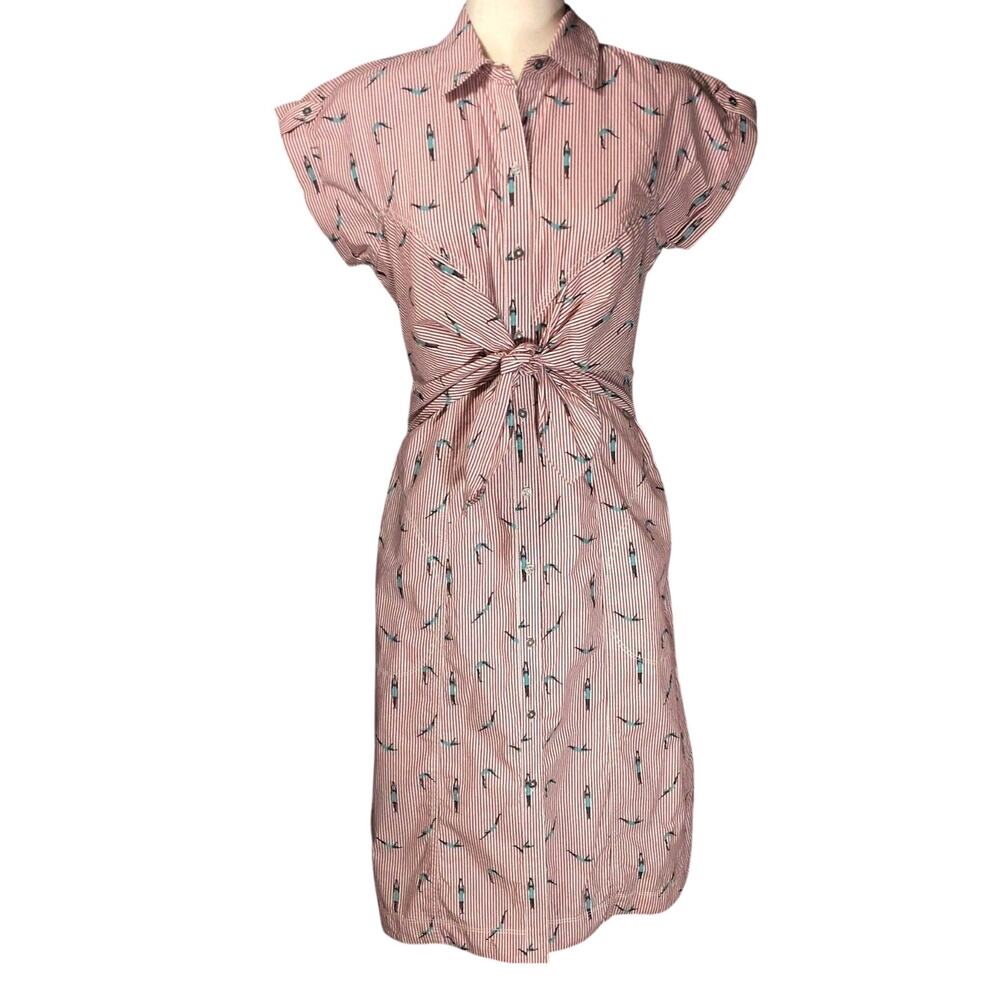 Anthro Maeve Swimmer Print Bathing Beauty Button Tie Front Red Striped Dress 4